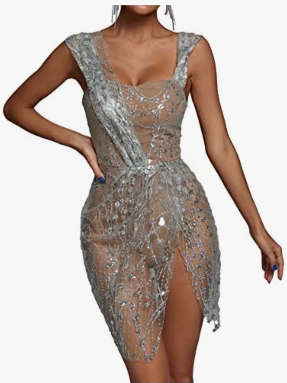 Silver Embellished Mini Dress with Sheer Overlay